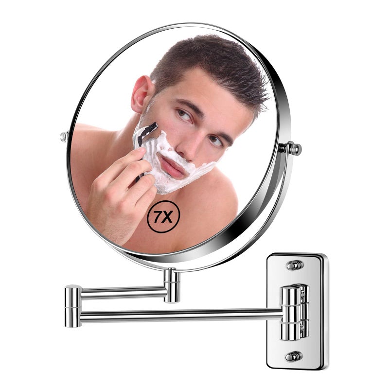 BTremary 8    Wall Mounted Magnifying Makeup Mirror 1X/7X Wall Mount Mirror Swing Arm Two-Sided 360 Swivel Bathroom Shaving Mirror for Men and Women in Hotel/Home, Chrome - Image 1